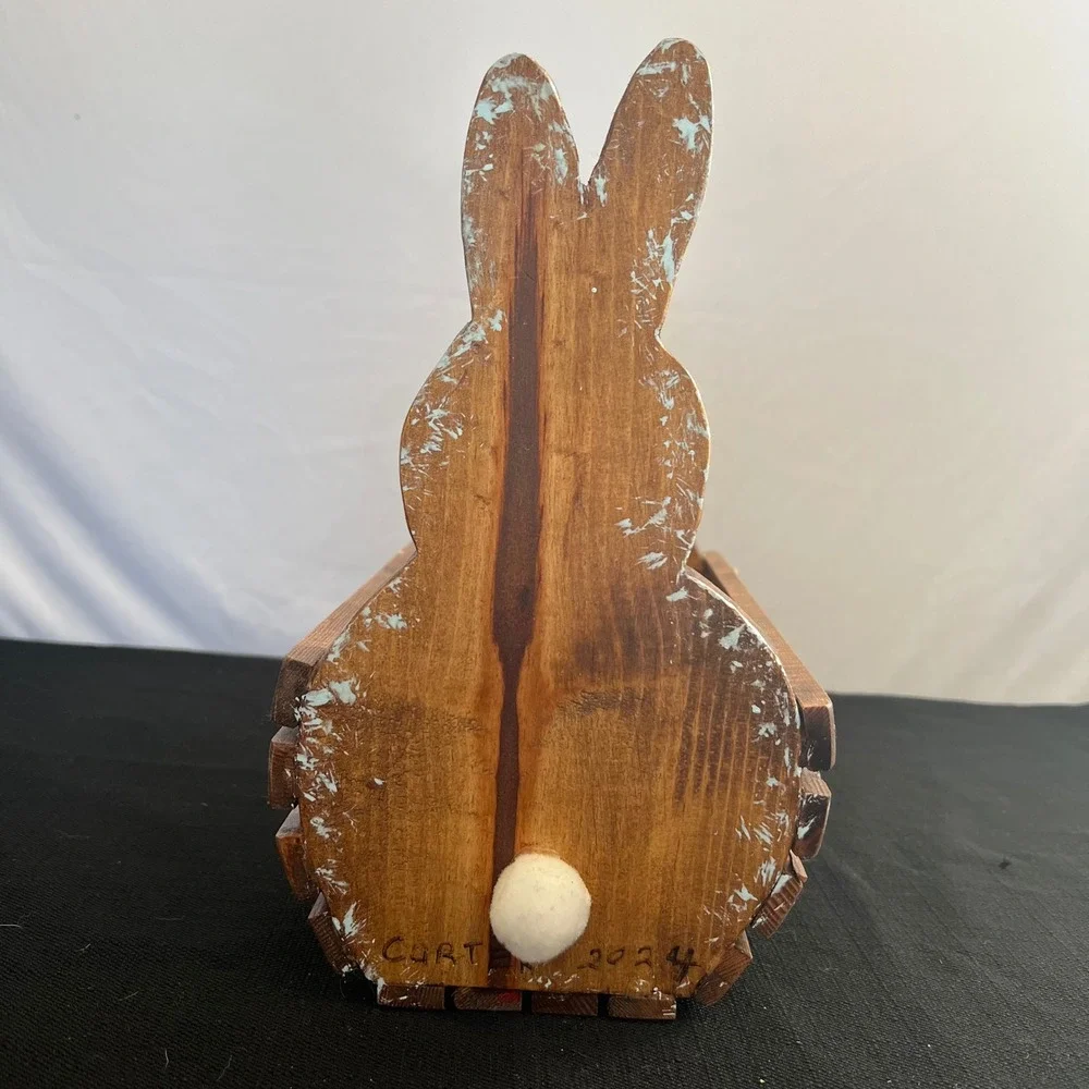 Handmade Wood Easter Bunny Basket Caddy Rustic Folk Art Hand Painted